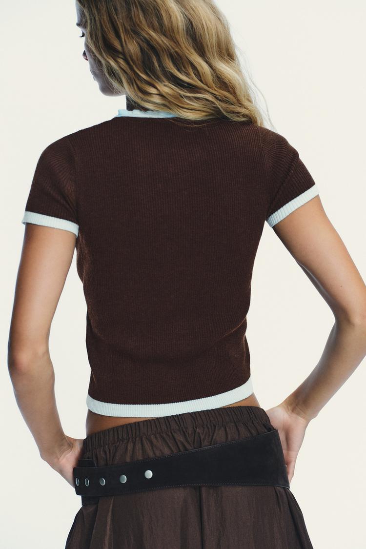 Short Sleeve Contrast Knit Cardigan