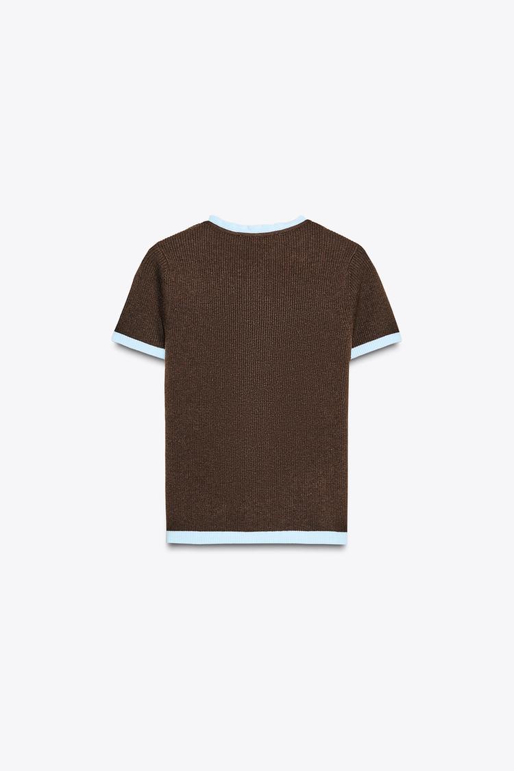 Short Sleeve Contrast Knit Cardigan