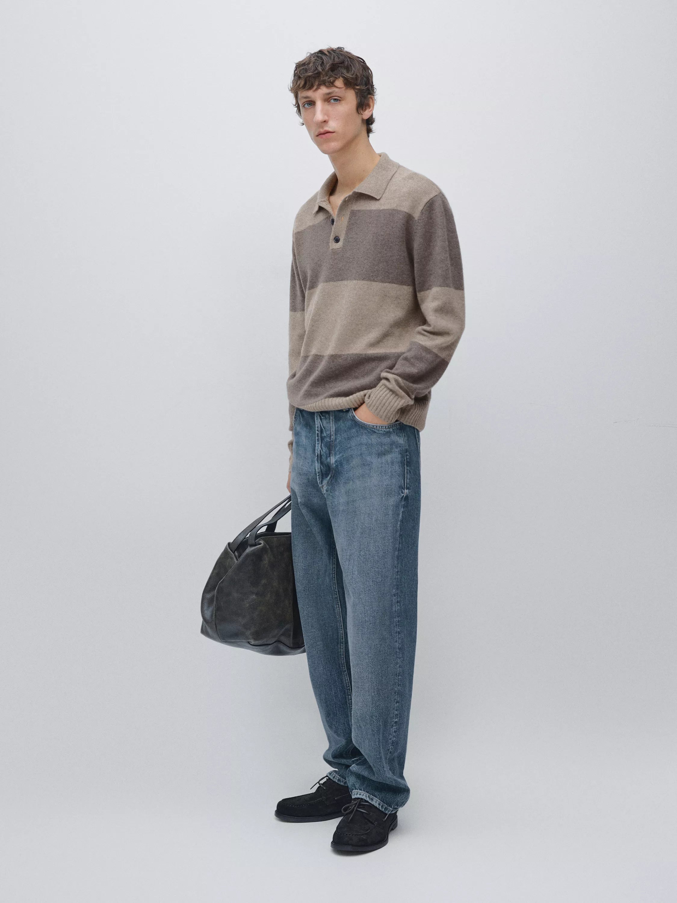 Striped wool blend knit polo sweater