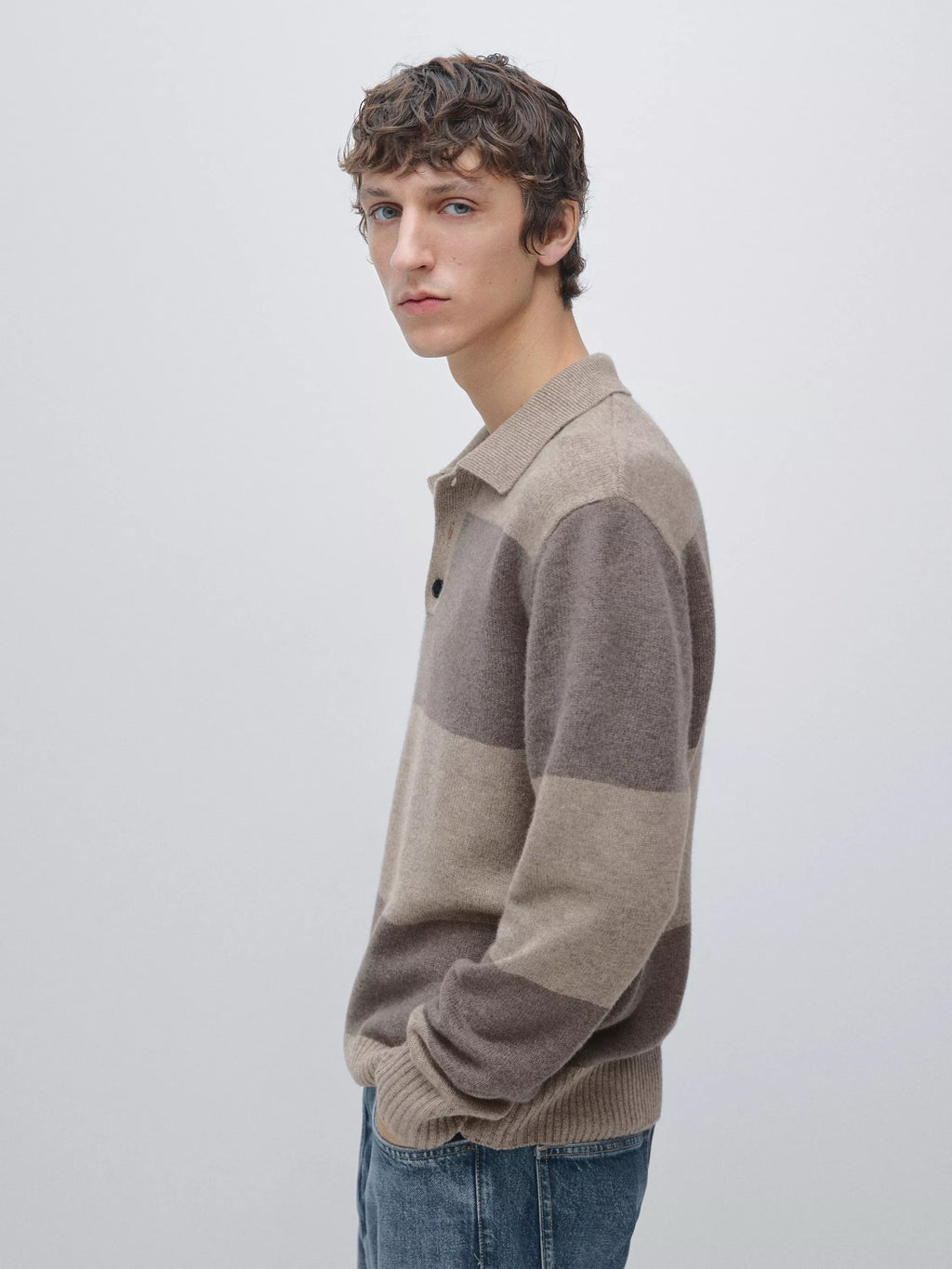 Striped wool blend knit polo sweater