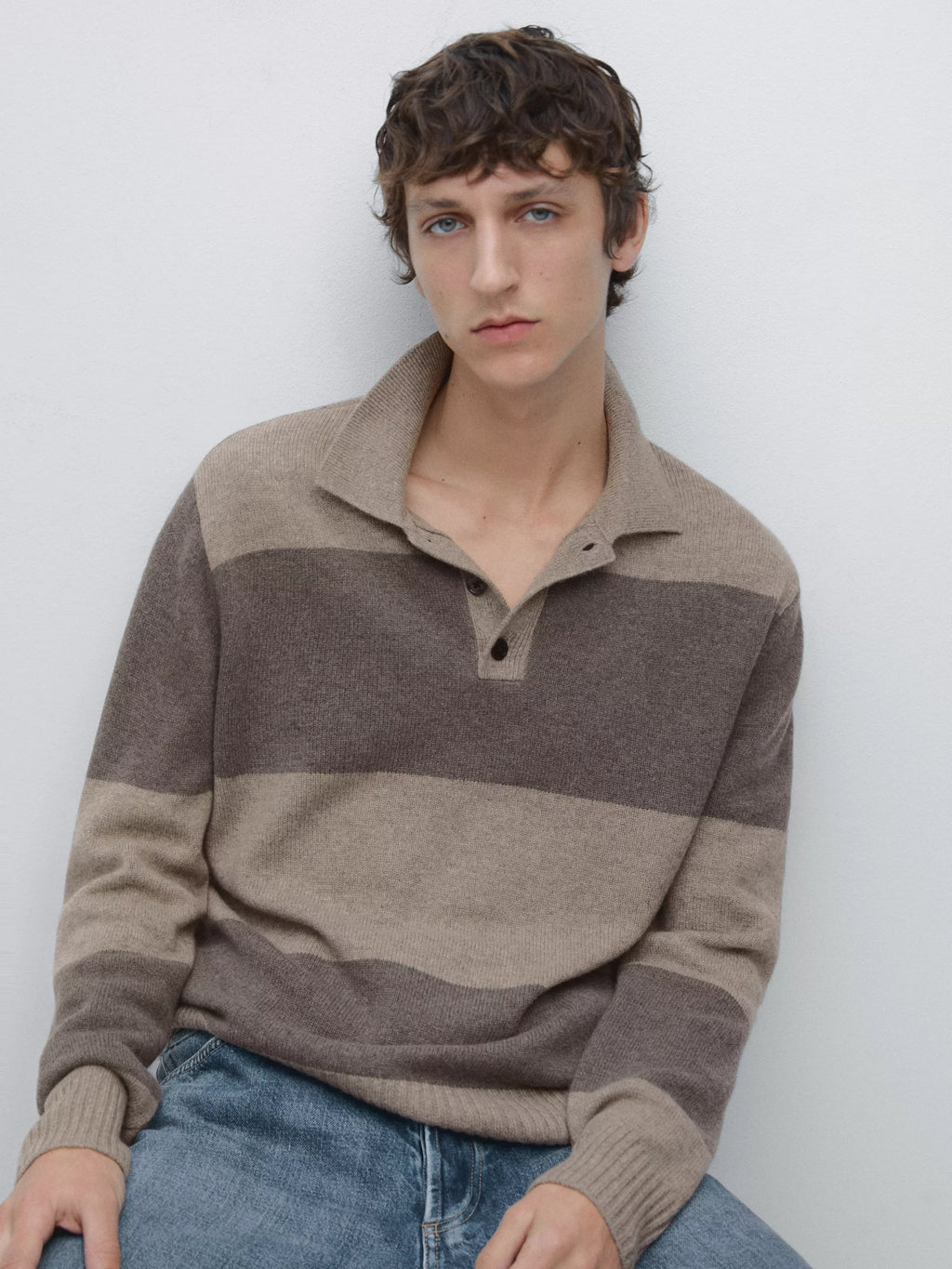Striped wool blend knit polo sweater