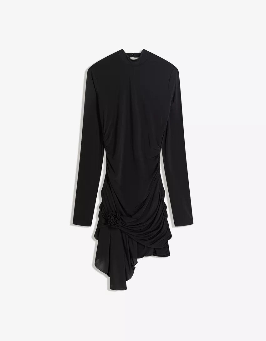 Mini dress with belt, ruffles and flower