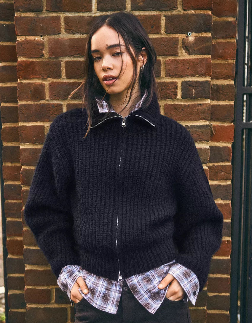 Zippered jacket with high collar