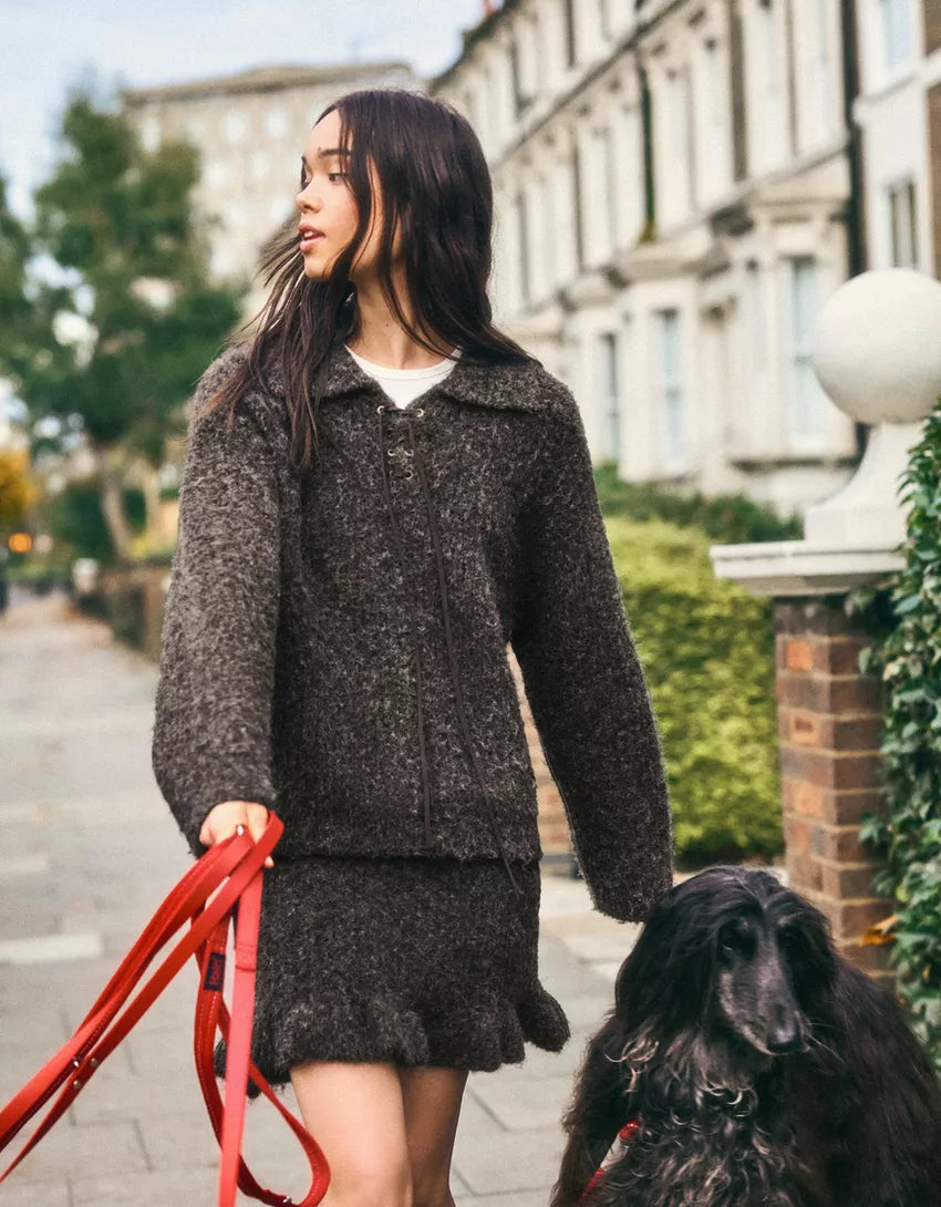 Polo collar sweater with suede look and drawstring