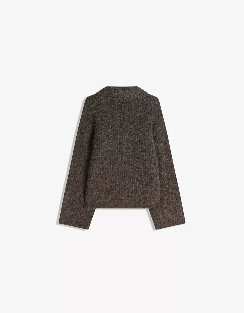 Polo collar sweater with suede look and drawstring