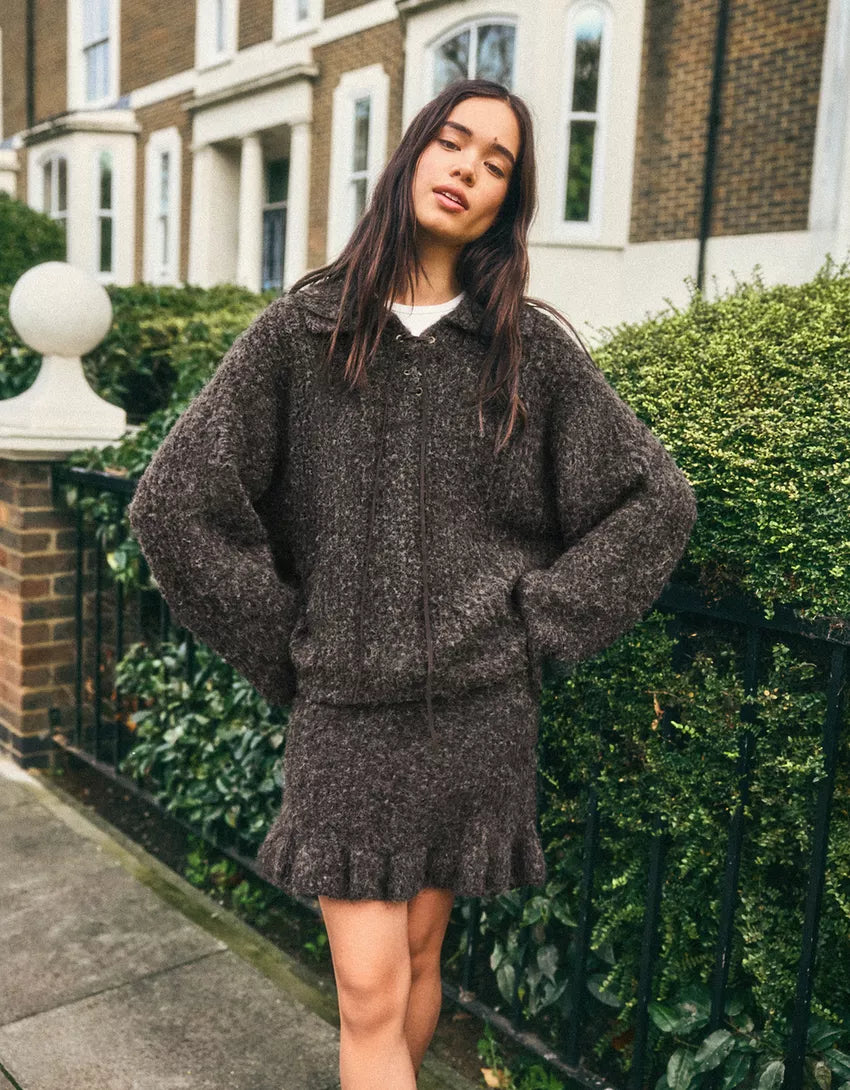 Polo collar sweater with suede look and drawstring