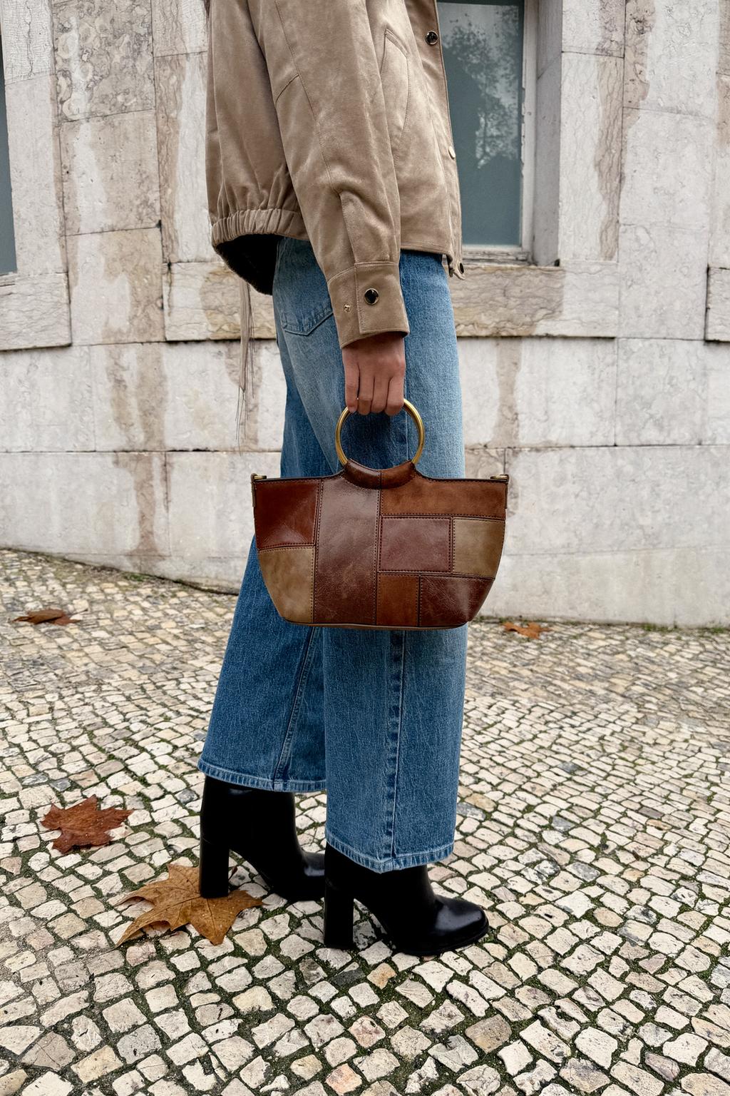 Patchwork Mini Bucket Bag With Rigid Handles